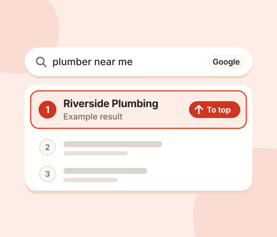 Example search results for “plumber near me” with a fictional business, Riverside Plumbing, moved to the top